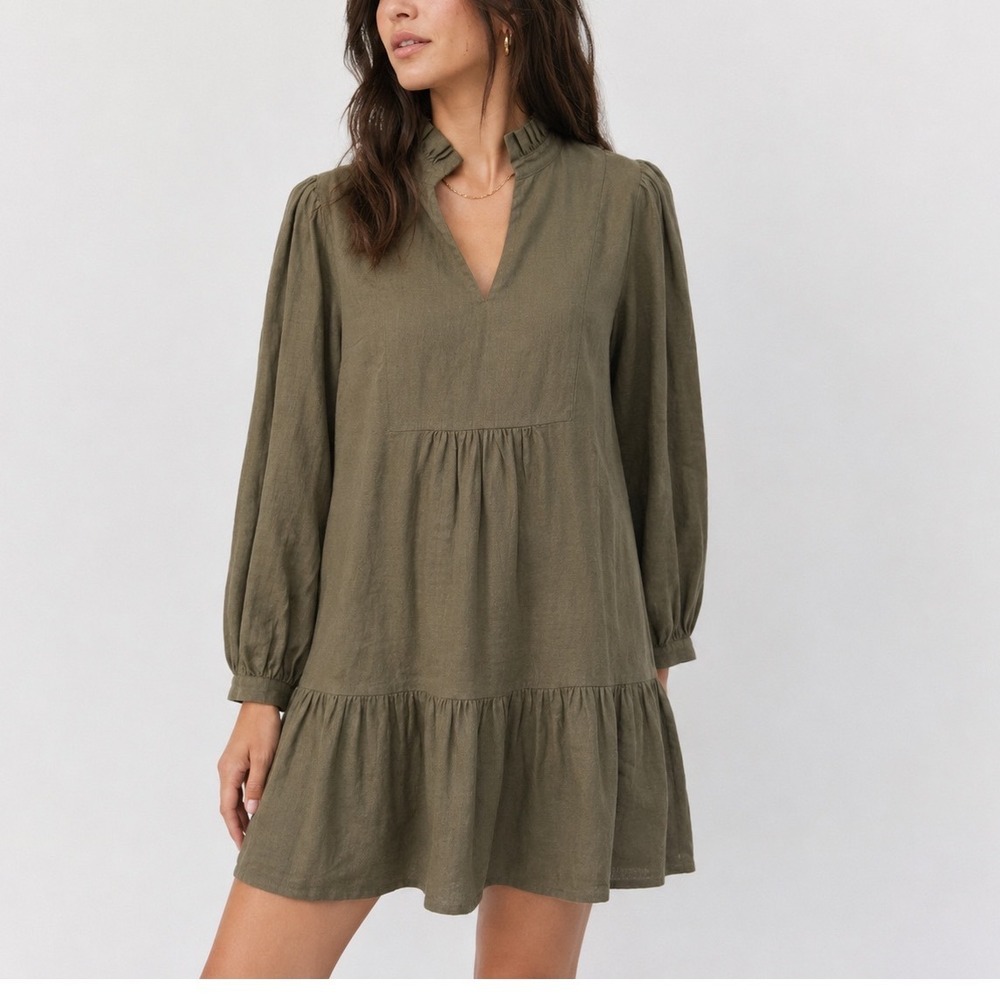 Tuckernuck Palmerston Dress Women's Medium Olive Green Linen Ruffle Tiered‎